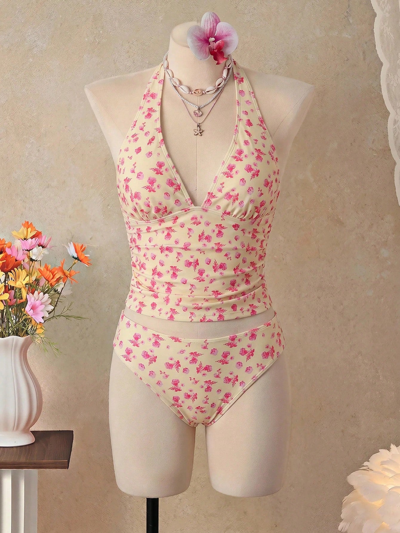 Bellisia Women's Floral Print Halter Tie Tankini And Ruffle Mini Skirt Two-Piece Swimsuit Set