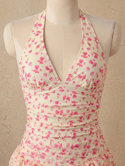 Bellisia Women's Floral Print Halter Tie Tankini And Ruffle Mini Skirt Two-Piece Swimsuit Set