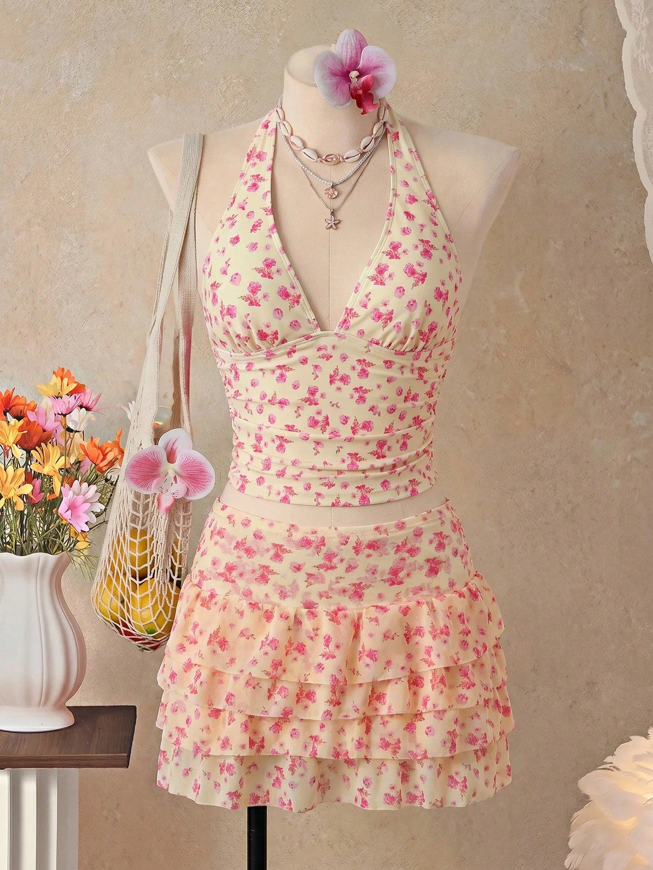 Bellisia Women's Floral Print Halter Tie Tankini And Ruffle Mini Skirt Two-Piece Swimsuit Set