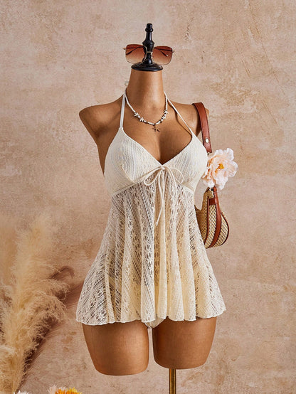 Bellisia Women's Jacquard Halter Tie Swim Dress, Suitable For Summer Vacation And Beach