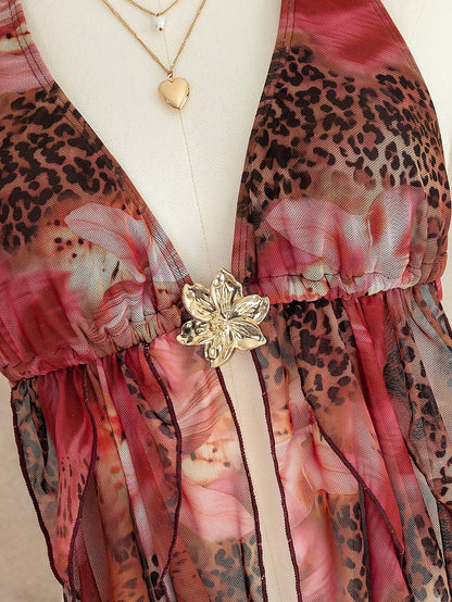 Bellisia Women's Pink Summer Casual Flowy Beach Holiday Vacation,Leopard Print & Floral Ruffled Camisole & Swimwear Set, Fashion Holiday Outfit