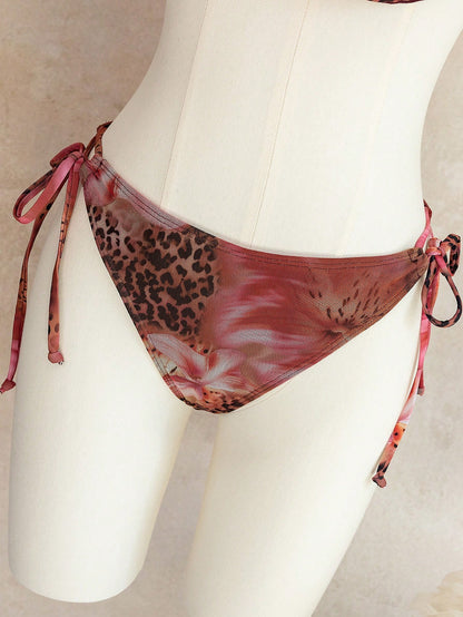 Bellisia Women's Pink Summer Casual Flowy Beach Holiday Vacation,Leopard Print & Floral Ruffled Camisole & Swimwear Set, Fashion Holiday Outfit