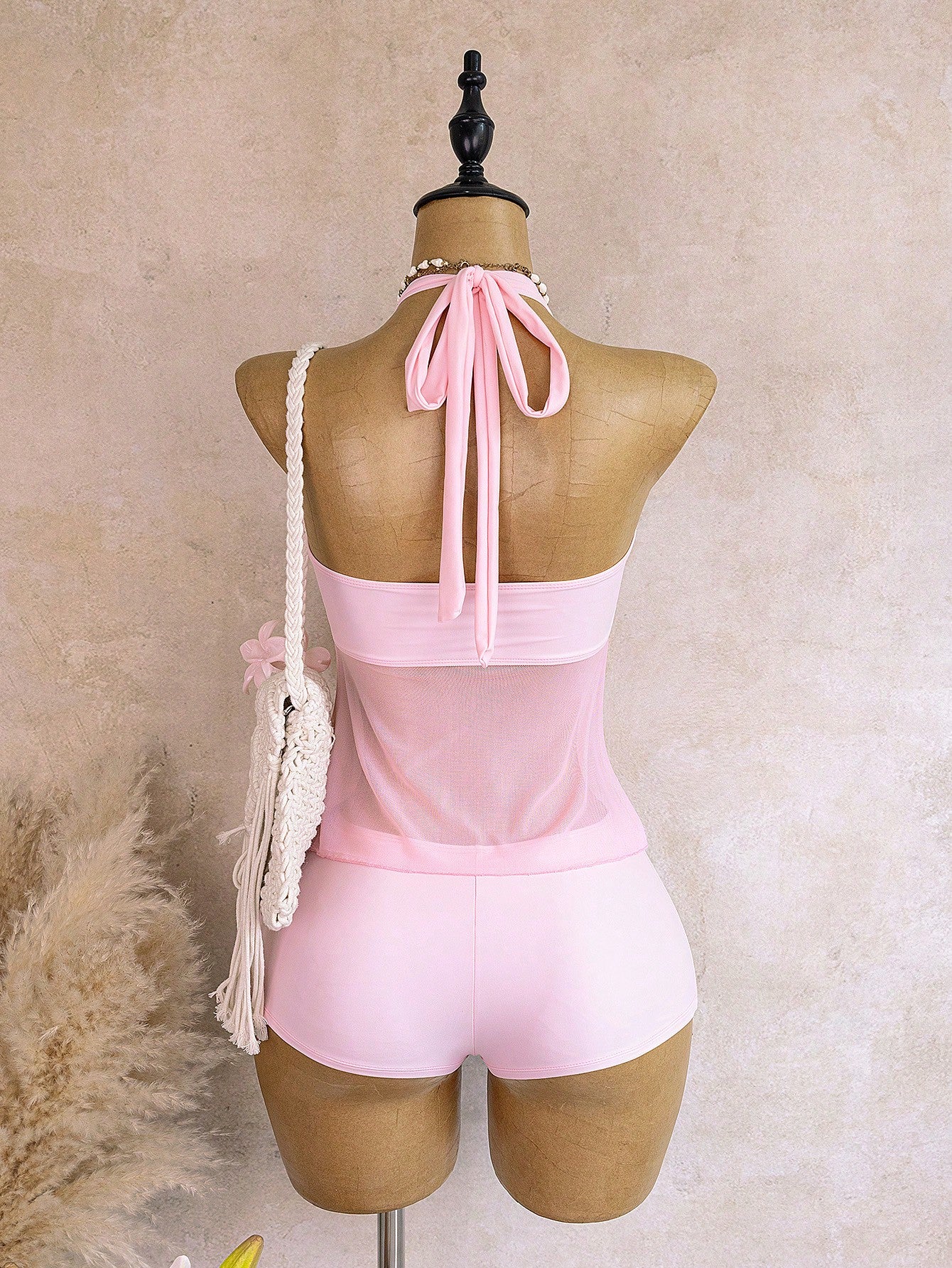 Bellisia Women's Solid Color Metal Decor Halter Tie Tankini Top And Triangle Bottoms Swimwear Set, Suitable For Summer Vacation And Beach