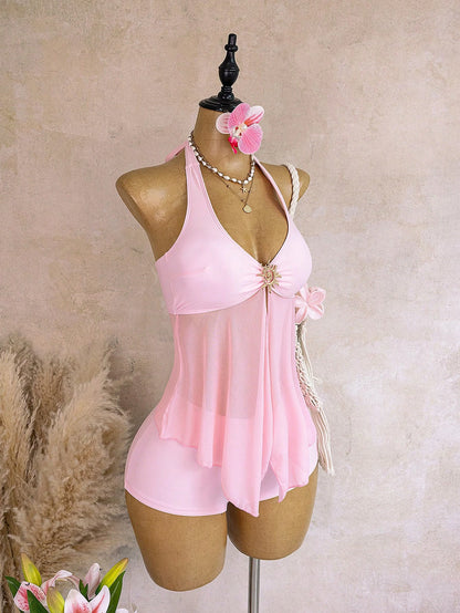 Bellisia Women's Solid Color Metal Decor Halter Tie Tankini Top And Triangle Bottoms Swimwear Set, Suitable For Summer Vacation And Beach