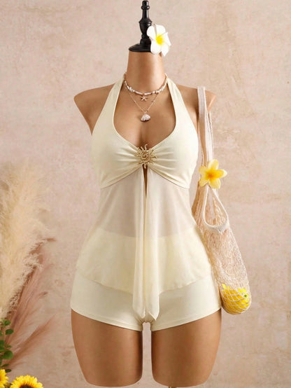 Bellisia Women's Solid Color Metal Decor Halter Tie Tankini Top And Triangle Bottoms Swimwear Set, Suitable For Summer Vacation And Beach