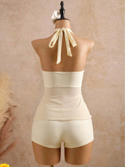 Bellisia Women's Solid Color Metal Decor Halter Tie Tankini Top And Triangle Bottoms Swimwear Set, Suitable For Summer Vacation And Beach