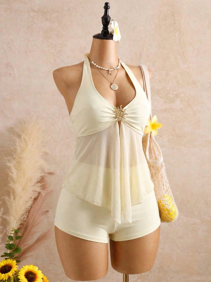 Bellisia Women's Solid Color Metal Decor Halter Tie Tankini Top And Triangle Bottoms Swimwear Set, Suitable For Summer Vacation And Beach