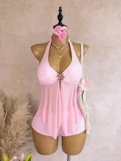 Bellisia Women's Solid Color Metal Decor Halter Tie Tankini Top And Triangle Bottoms Swimwear Set, Suitable For Summer Vacation And Beach