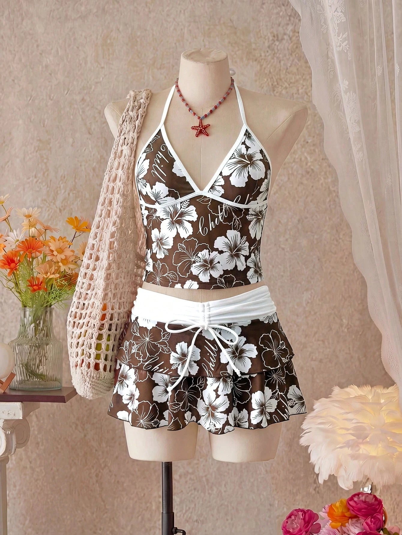 Bellisia Women's Spring/Summer Beach Music Festival Floral Print Colorblock Wrap Tie-Up Ruffle Hem Skirt Tunic 3-Piece Set
