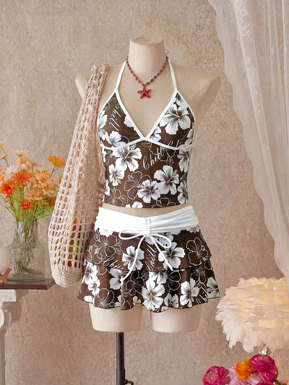 Bellisia Women's Spring/Summer Beach Music Festival Floral Print Colorblock Wrap Tie-Up Ruffle Hem Skirt Tunic 3-Piece Set