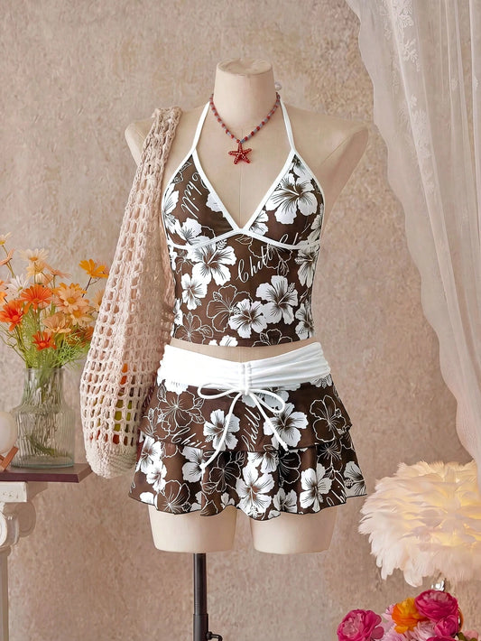 Bellisia Women's Spring/Summer Beach Music Festival Floral Print Colorblock Wrap Tie-Up Ruffle Hem Skirt Tunic 3-Piece Set