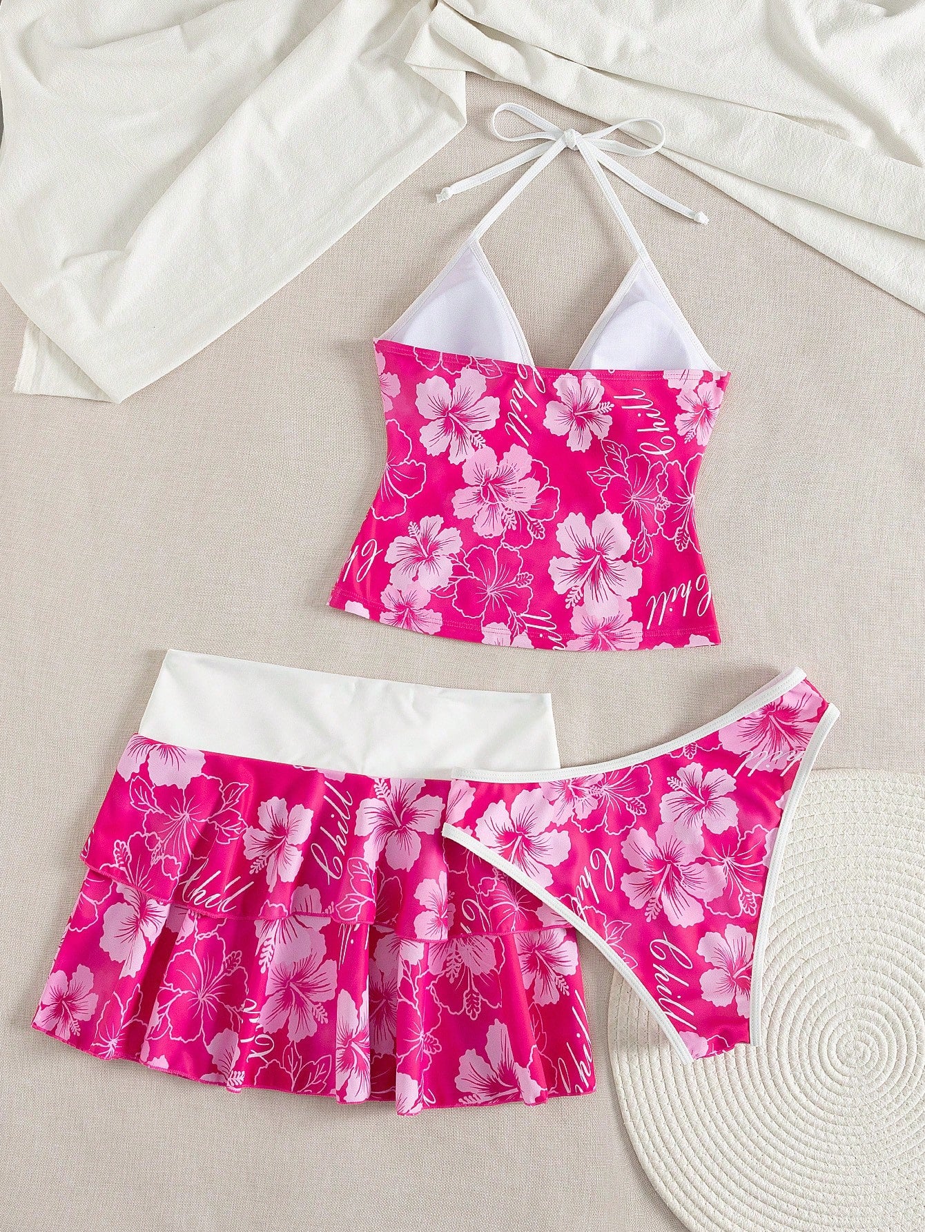 Bellisia Women's Spring/Summer Beach Music Festival Floral Print Colorblock Wrap Tie-Up Ruffle Hem Skirt Tunic 3-Piece Set