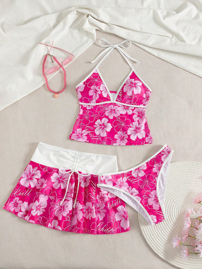 Bellisia Women's Spring/Summer Beach Music Festival Floral Print Colorblock Wrap Tie-Up Ruffle Hem Skirt Tunic 3-Piece Set