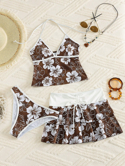 Bellisia Women's Spring/Summer Beach Music Festival Floral Print Colorblock Wrap Tie-Up Ruffle Hem Skirt Tunic 3-Piece Set