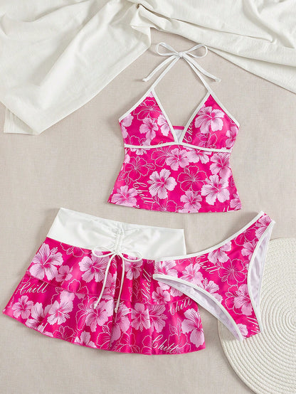 Bellisia Women's Spring/Summer Beach Music Festival Floral Print Colorblock Wrap Tie-Up Ruffle Hem Skirt Tunic 3-Piece Set