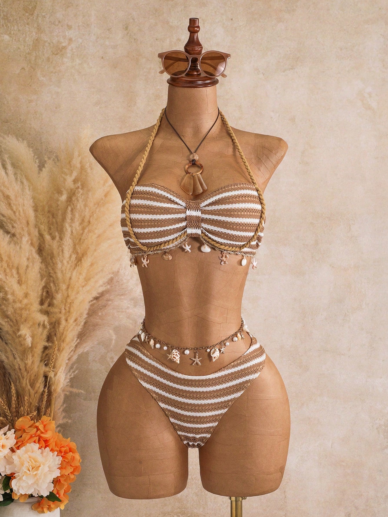 Bellisia Women's Spring/Summer Jacquard Fabric Bandeau Halter Ruched Drawstring Shell Trim 3-Piece Bikini Set