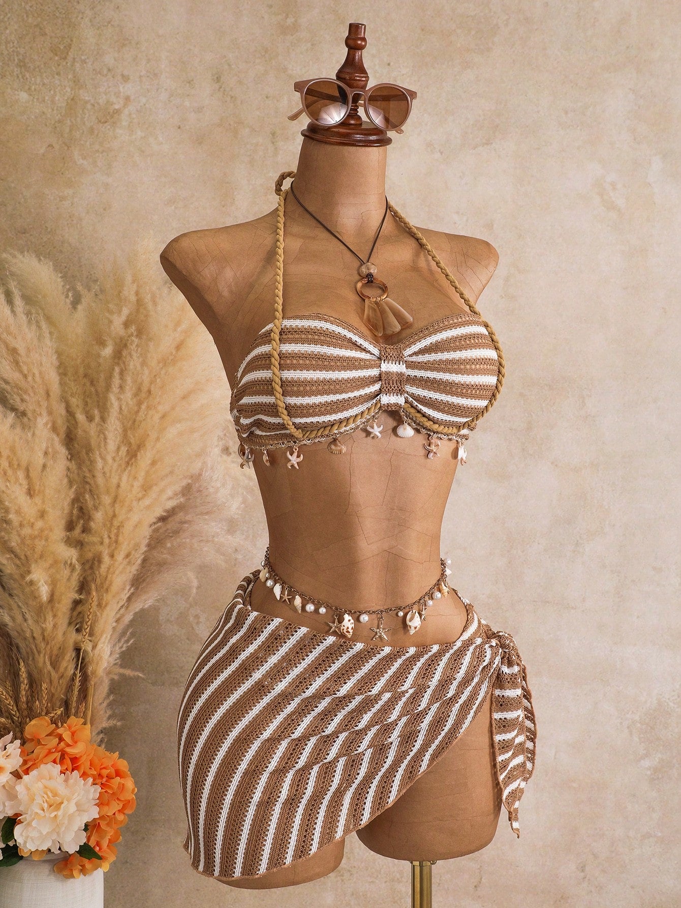 Bellisia Women's Spring/Summer Jacquard Fabric Bandeau Halter Ruched Drawstring Shell Trim 3-Piece Bikini Set
