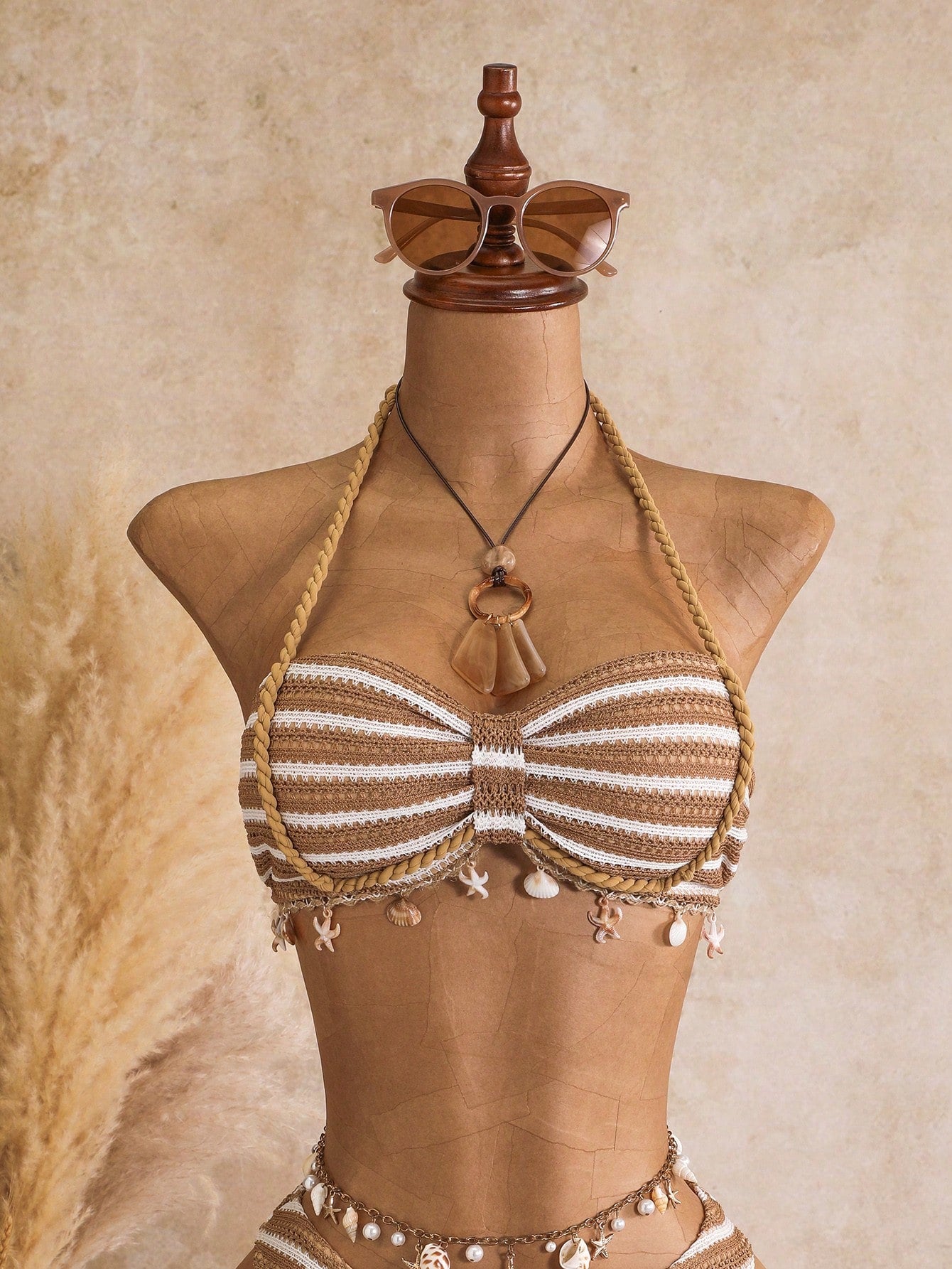 Bellisia Women's Spring/Summer Jacquard Fabric Bandeau Halter Ruched Drawstring Shell Trim 3-Piece Bikini Set