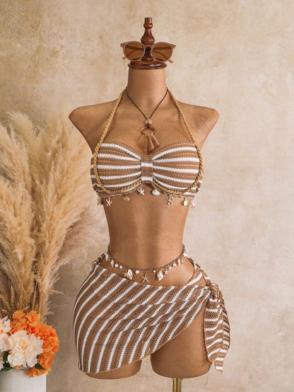 Bellisia Women's Spring/Summer Jacquard Fabric Bandeau Halter Ruched Drawstring Shell Trim 3-Piece Bikini Set