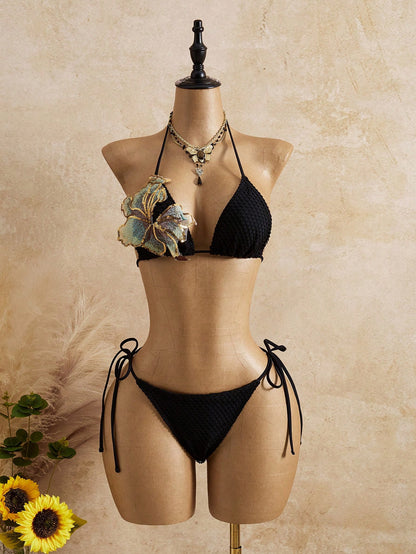 Bellisia Women's Summer Beach 3D Floral Decor Halter Tie Sexy Bikini And Triangle Panty Swimwear Set With Mini Skirt
