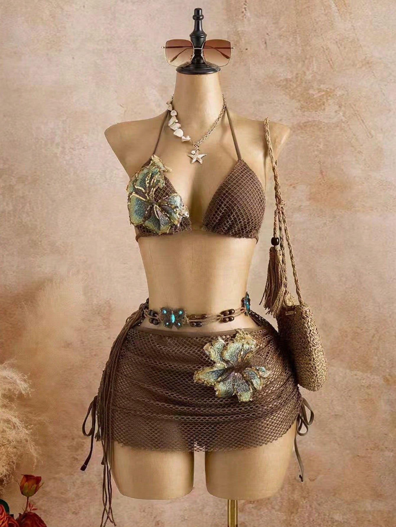 Bellisia Women's Summer Beach 3D Floral Decor Halter Tie Sexy Bikini And Triangle Panty Swimwear Set With Mini Skirt