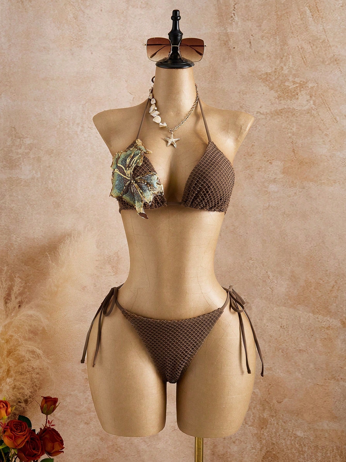Bellisia Women's Summer Beach 3D Floral Decor Halter Tie Sexy Bikini And Triangle Panty Swimwear Set With Mini Skirt