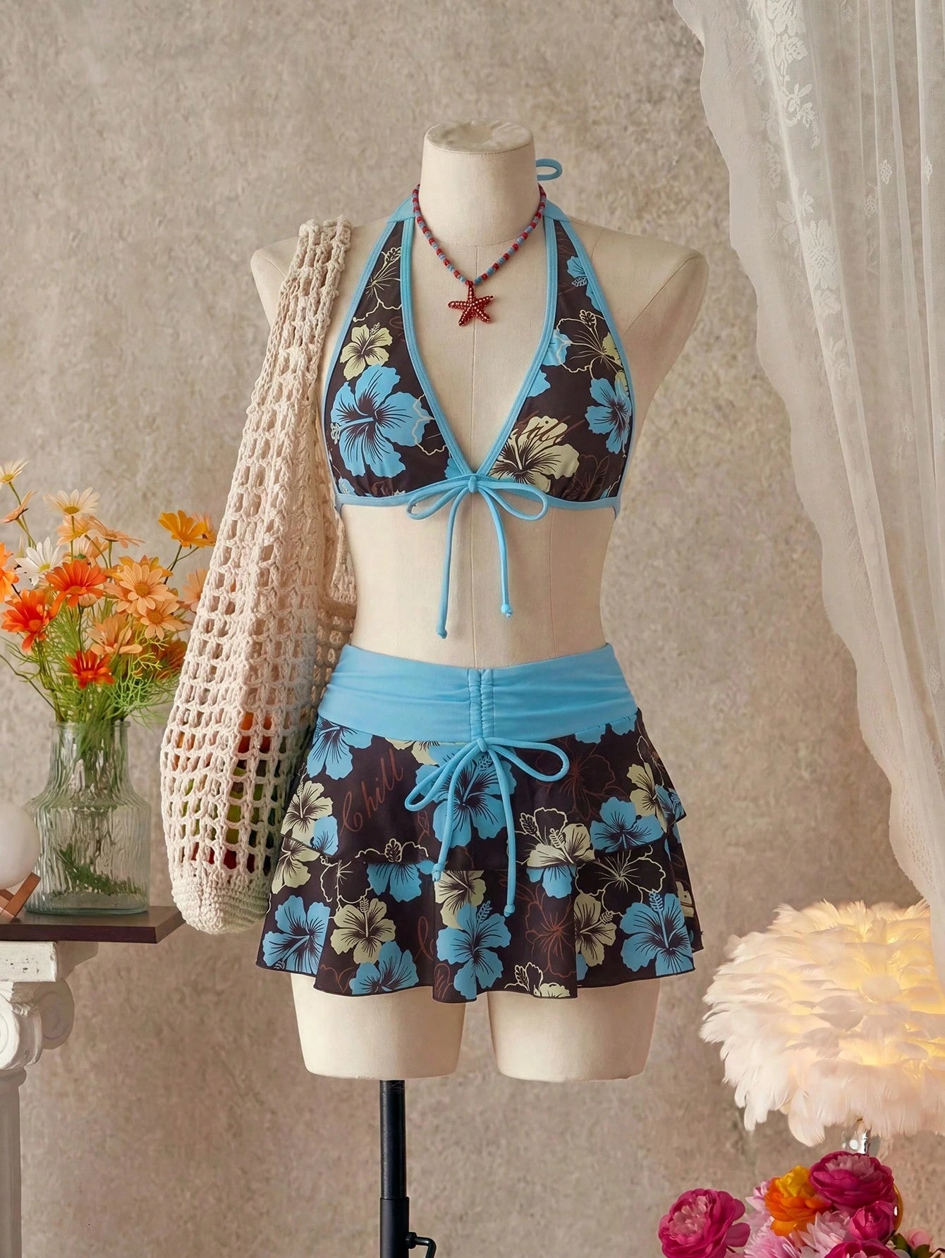 Bellisia Women's Summer Beach Music Festival Flower Pattern Skirt Halter Casual Vacation Style Bikini 3-Piece Set