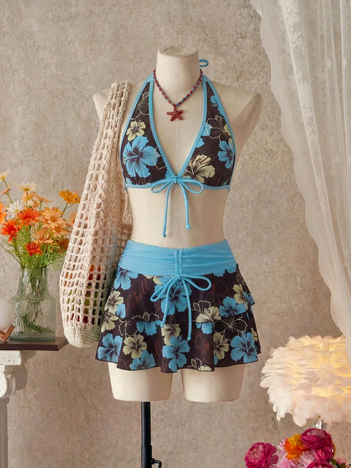 Bellisia Women's Summer Beach Music Festival Flower Pattern Skirt Halter Casual Vacation Style Bikini 3-Piece Set