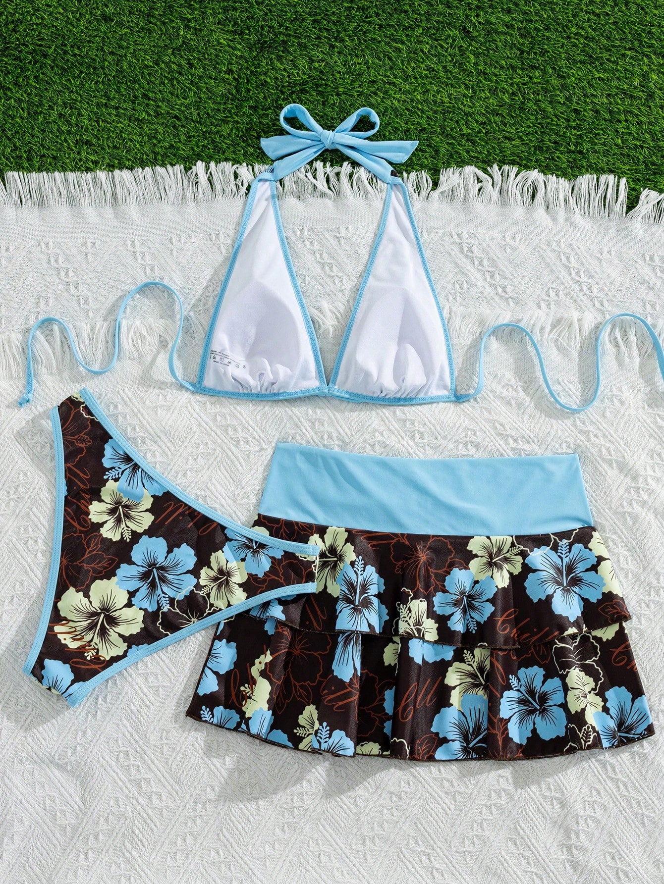 Bellisia Women's Summer Beach Music Festival Flower Pattern Skirt Halter Casual Vacation Style Bikini 3-Piece Set