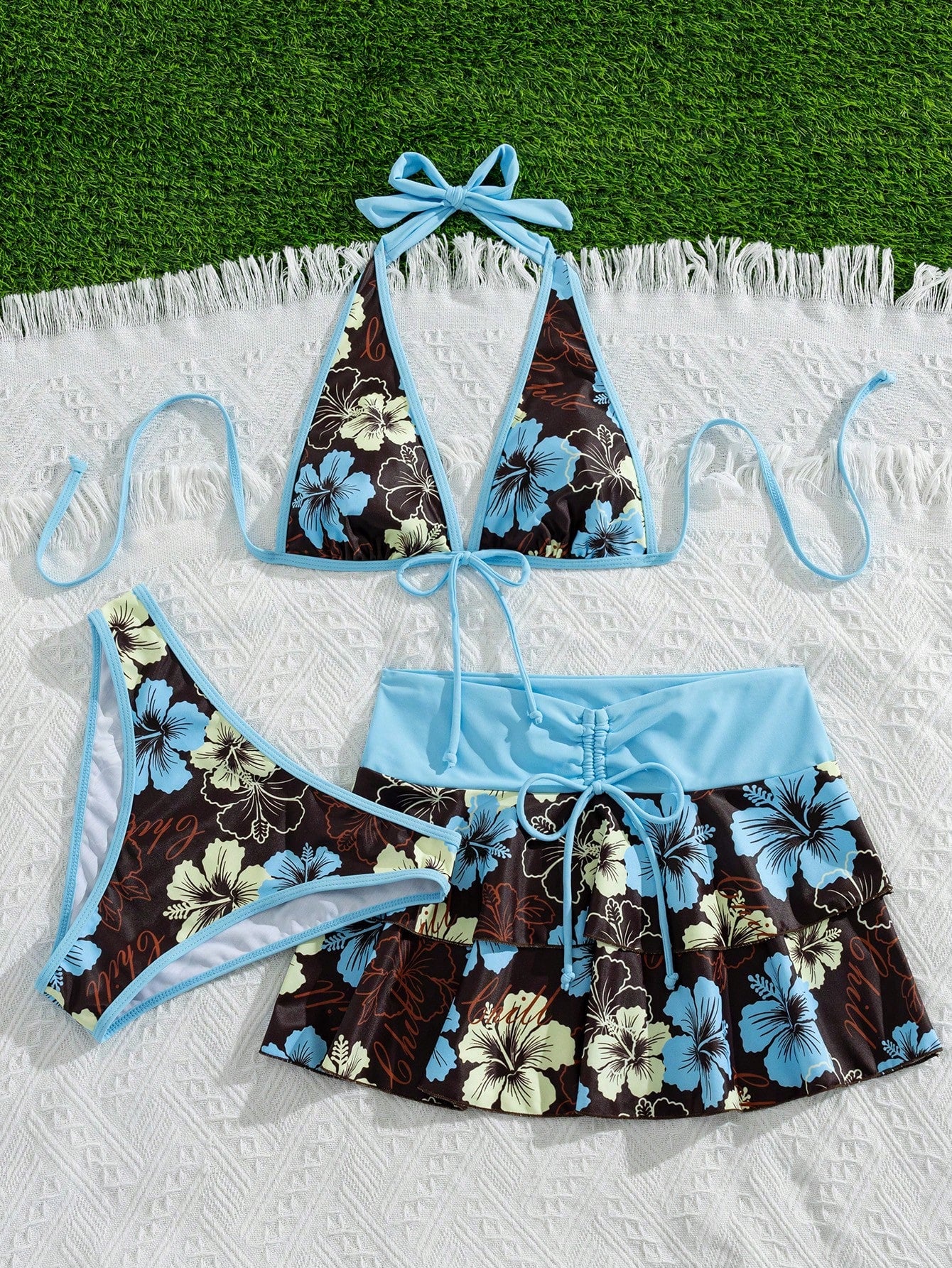 Bellisia Women's Summer Beach Music Festival Flower Pattern Skirt Halter Casual Vacation Style Bikini 3-Piece Set