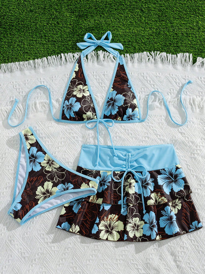 Bellisia Women's Summer Beach Music Festival Flower Pattern Skirt Halter Casual Vacation Style Bikini 3-Piece Set