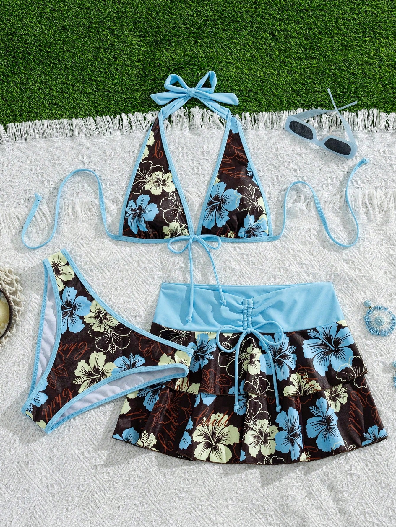 Bellisia Women's Summer Beach Music Festival Flower Pattern Skirt Halter Casual Vacation Style Bikini 3-Piece Set