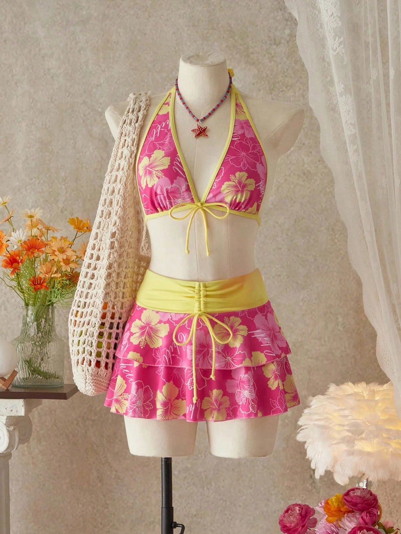 Bellisia Women's Summer Beach Music Festival Flower Pattern Skirt Halter Casual Vacation Style Bikini 3-Piece Set
