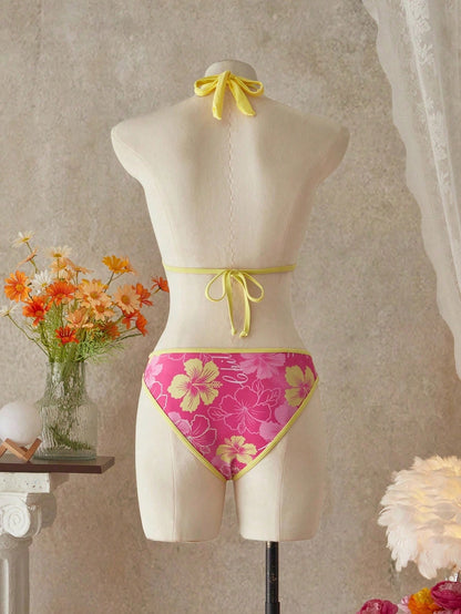 Bellisia Women's Summer Beach Music Festival Flower Pattern Skirt Halter Casual Vacation Style Bikini 3-Piece Set