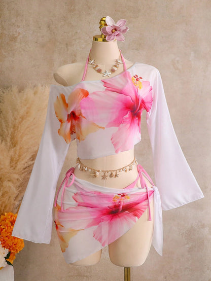 Bellisia Women's Summer Beach Solid Color Halter Neck Tie Sexy Bikini Two-Piece Swimwear With Asymmetric-Neck Cropped Floral Print Top And Lace-Up Cover-Up Skirt 4pcs Set