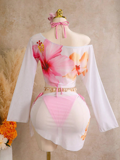 Bellisia Women's Summer Beach Solid Color Halter Neck Tie Sexy Bikini Two-Piece Swimwear With Asymmetric-Neck Cropped Floral Print Top And Lace-Up Cover-Up Skirt 4pcs Set