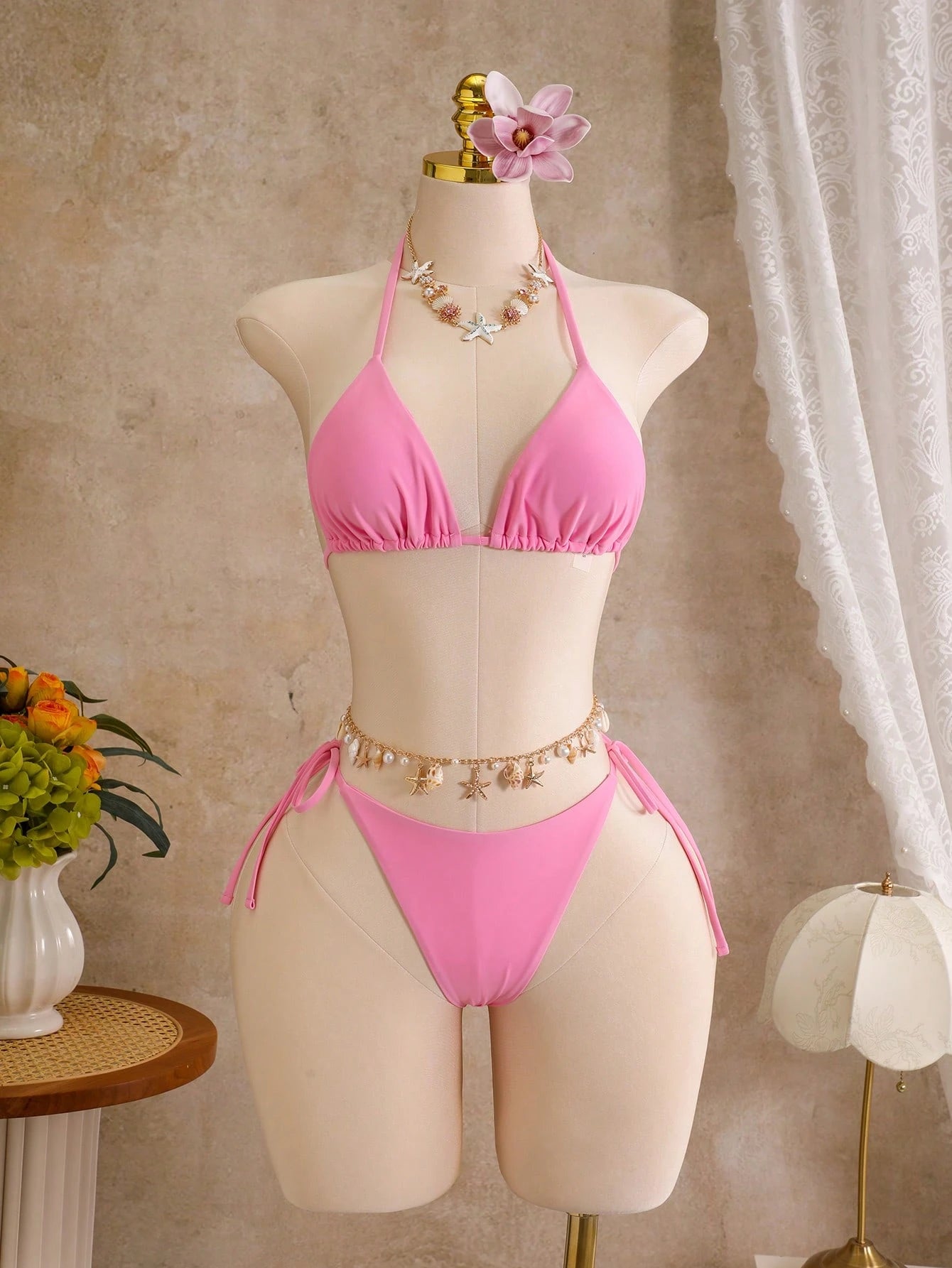 Bellisia Women's Summer Beach Solid Color Halter Neck Tie Sexy Bikini Two-Piece Swimwear With Asymmetric-Neck Cropped Floral Print Top And Lace-Up Cover-Up Skirt 4pcs Set