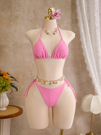Bellisia Women's Summer Beach Solid Color Halter Neck Tie Sexy Bikini Two-Piece Swimwear With Asymmetric-Neck Cropped Floral Print Top And Lace-Up Cover-Up Skirt 4pcs Set