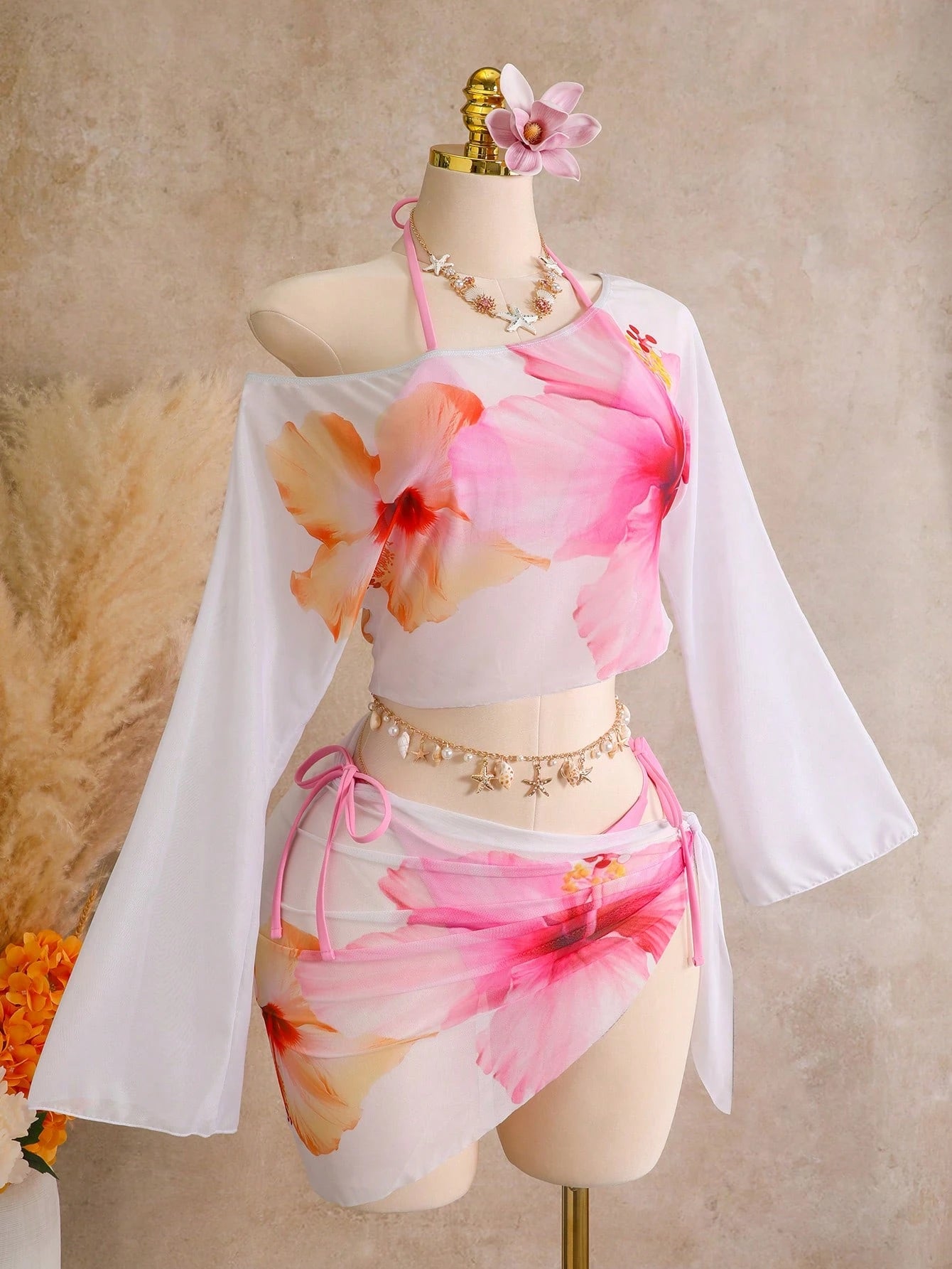 Bellisia Women's Summer Beach Solid Color Halter Neck Tie Sexy Bikini Two-Piece Swimwear With Asymmetric-Neck Cropped Floral Print Top And Lace-Up Cover-Up Skirt 4pcs Set