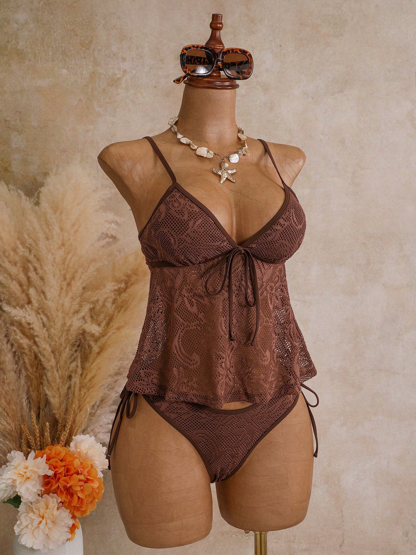 Bellisia Women's Tankini Mesh Sexy Double Strap Casual Vacation Swimsuit, Island Beach Club Holiday, Pool Party, Cruise Versatile Swimwear Brown Summer
