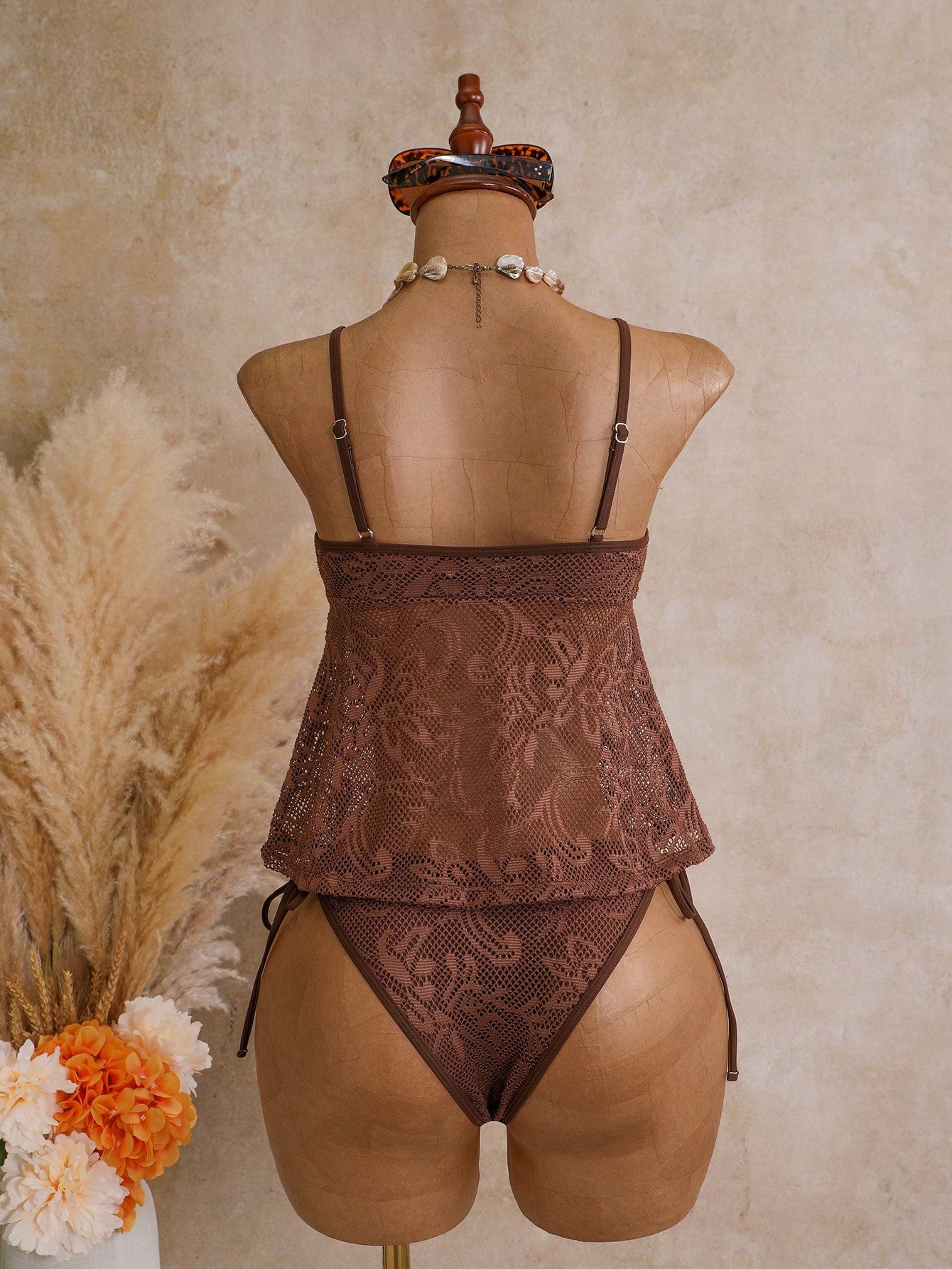 Bellisia Women's Tankini Mesh Sexy Double Strap Casual Vacation Swimsuit, Island Beach Club Holiday, Pool Party, Cruise Versatile Swimwear Brown Summer