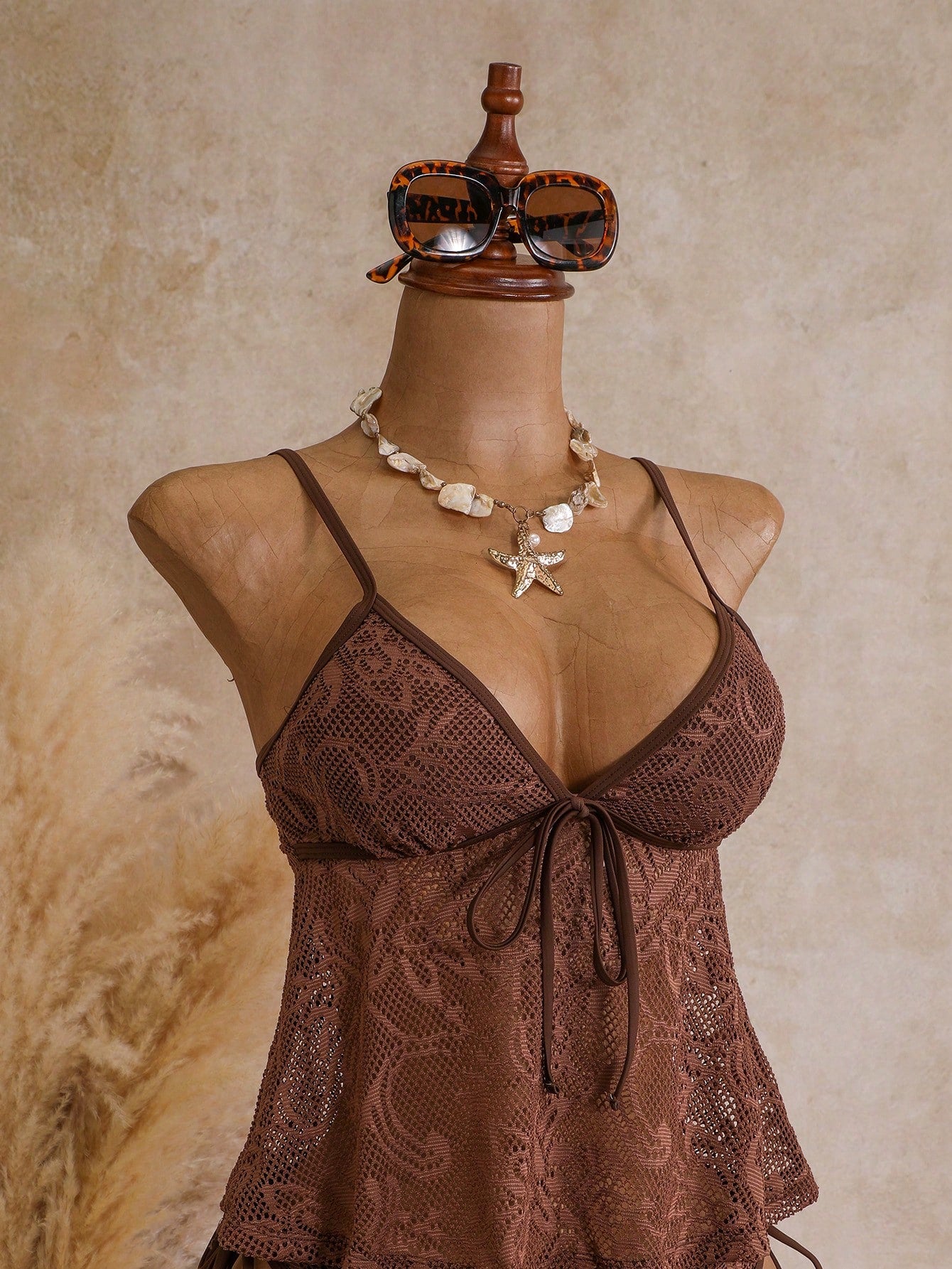 Bellisia Women's Tankini Mesh Sexy Double Strap Casual Vacation Swimsuit, Island Beach Club Holiday, Pool Party, Cruise Versatile Swimwear Brown Summer