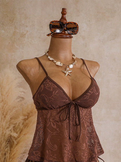 Bellisia Women's Tankini Mesh Sexy Double Strap Casual Vacation Swimsuit, Island Beach Club Holiday, Pool Party, Cruise Versatile Swimwear Brown Summer