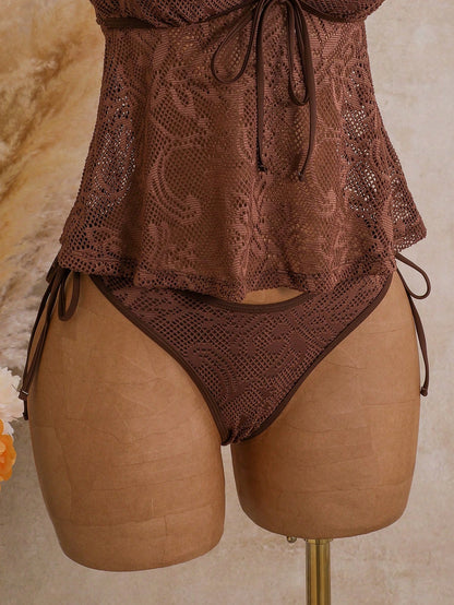 Bellisia Women's Tankini Mesh Sexy Double Strap Casual Vacation Swimsuit, Island Beach Club Holiday, Pool Party, Cruise Versatile Swimwear Brown Summer