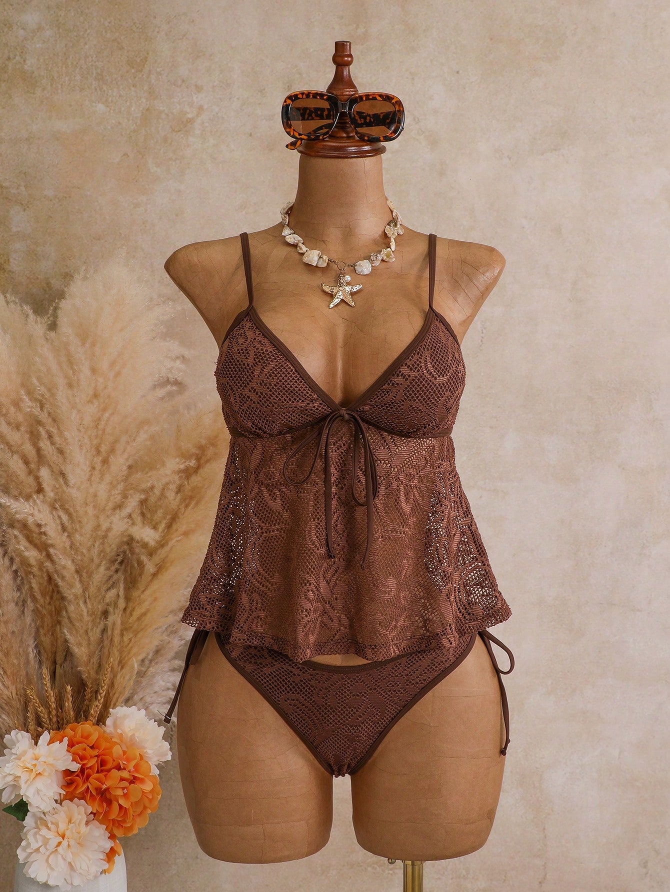 Bellisia Women's Tankini Mesh Sexy Double Strap Casual Vacation Swimsuit, Island Beach Club Holiday, Pool Party, Cruise Versatile Swimwear Brown Summer