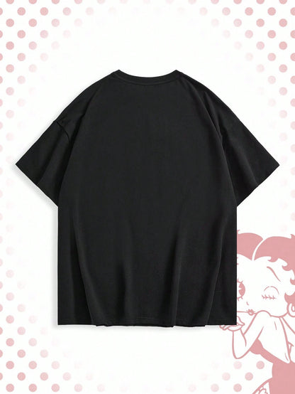 Betty Boop| ROMWE Spring/Summer Plus Size Summer Casual Cartoon Pattern Round Neck Short Sleeve T-Shirt,Back To School