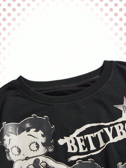 Betty Boop| ROMWE Spring/Summer Plus Size Summer Casual Cartoon Pattern Round Neck Short Sleeve T-Shirt,Back To School