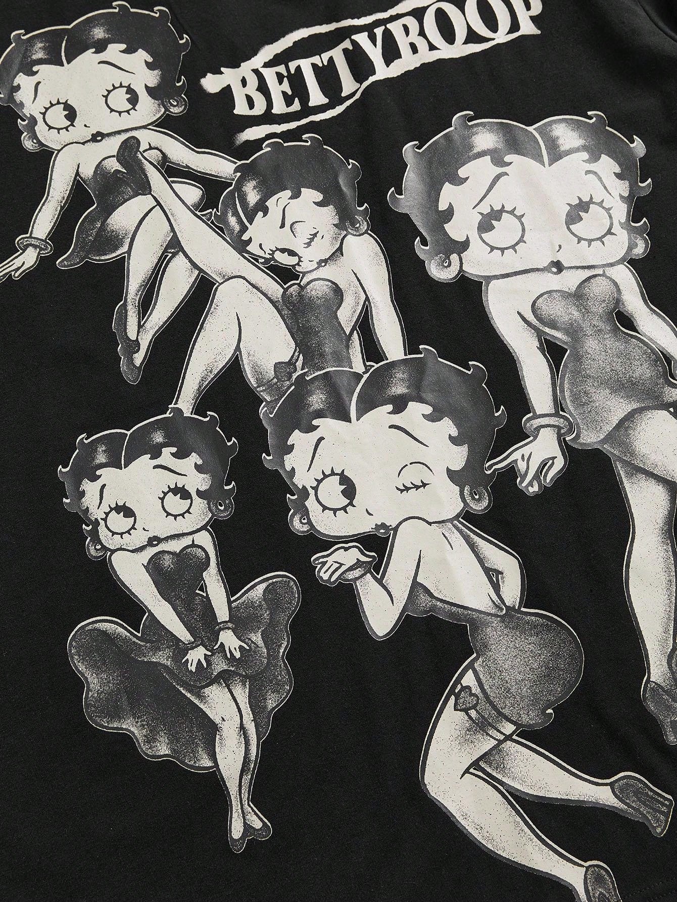Betty Boop| ROMWE Spring/Summer Plus Size Summer Casual Cartoon Pattern Round Neck Short Sleeve T-Shirt,Back To School
