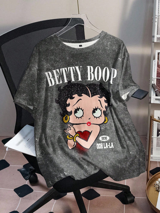 Betty Boop x Plus Size Cartoon Figure Graphic Round Neck Short Sleeve T-Shirt