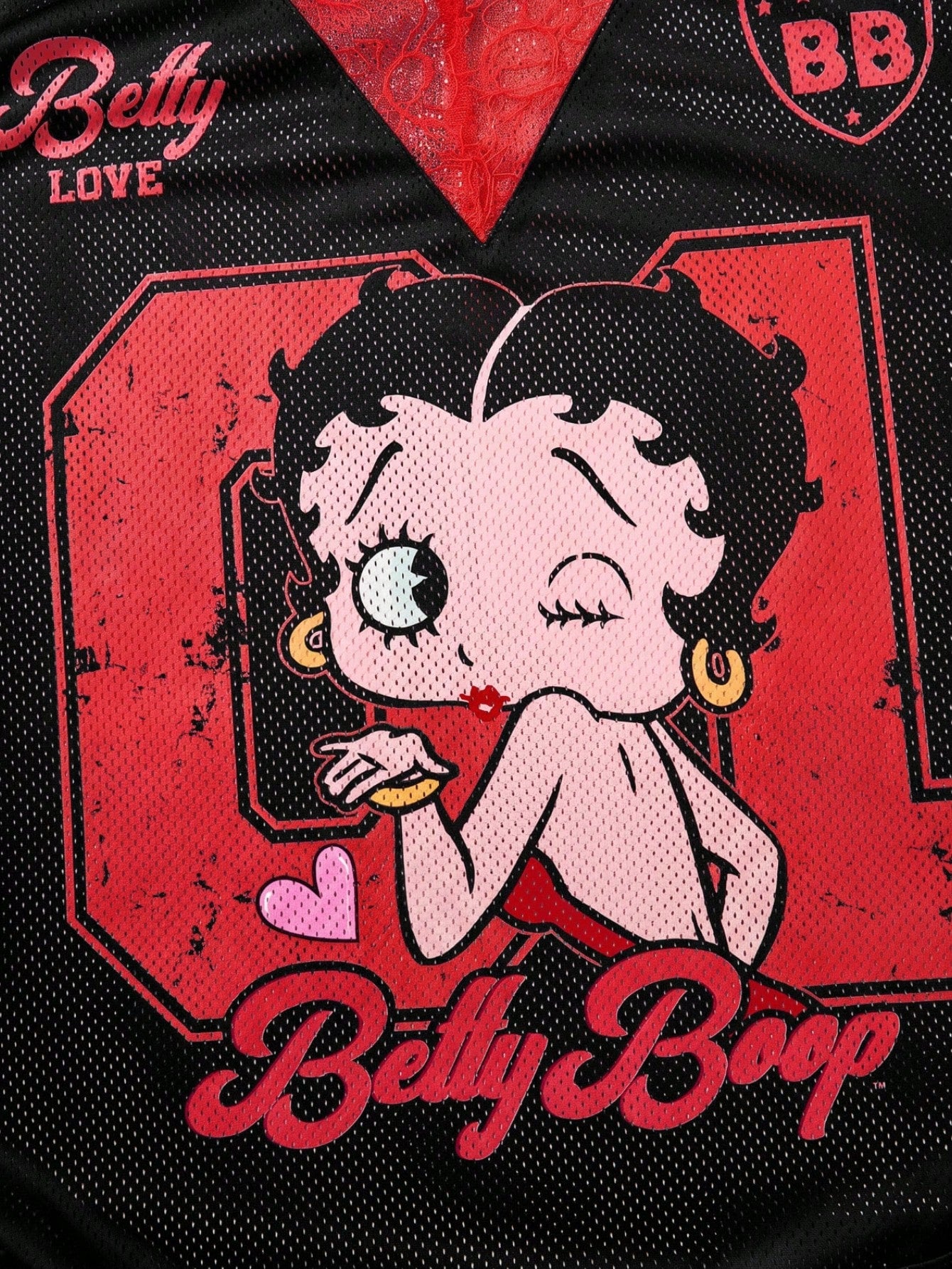 Betty Boop x Plus Size Summer Fashion Lace Patchwork Cartoon Bow Print T-Shirt Day Time Black Graphic Oversized